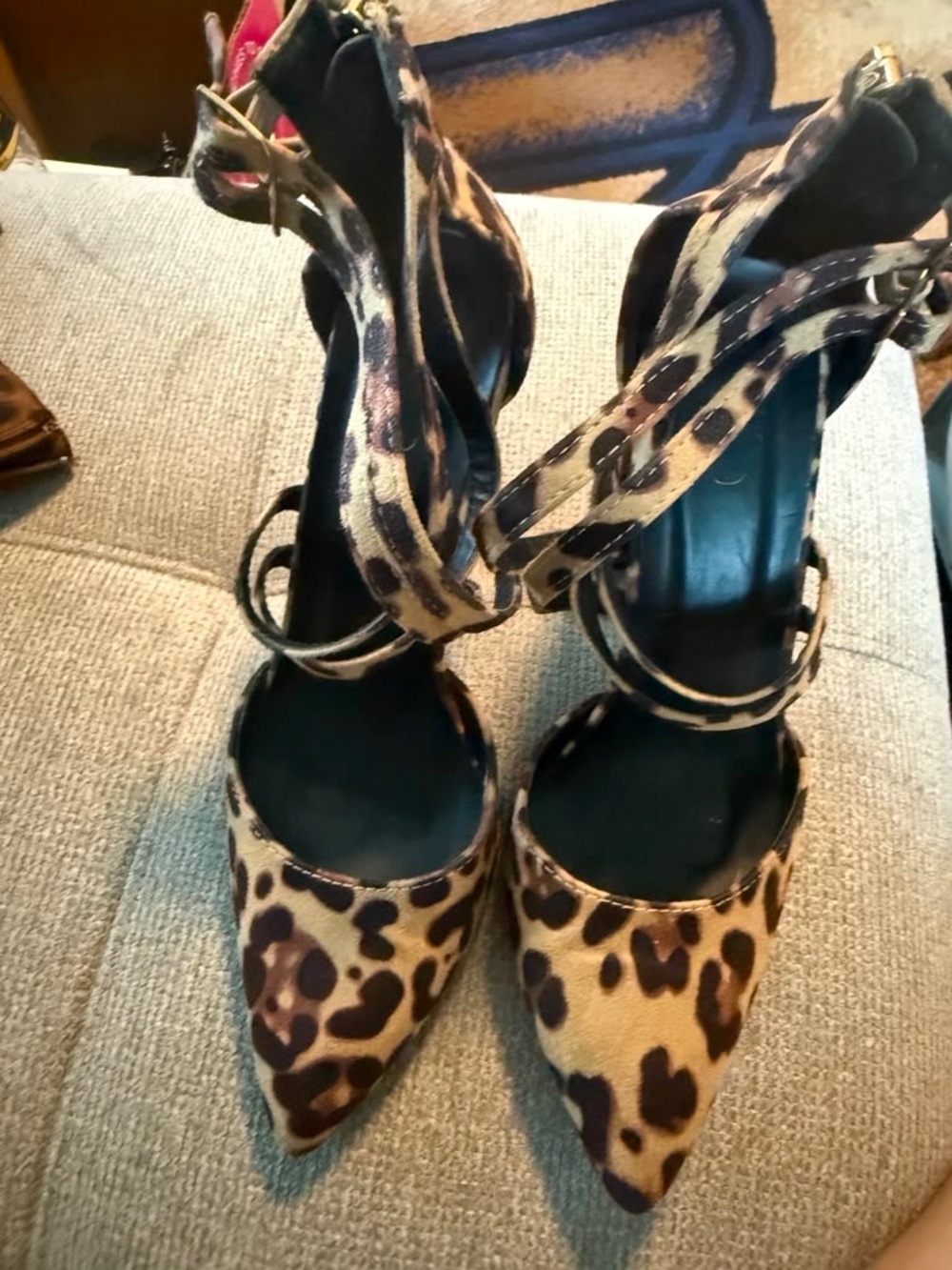 Ollio Leopard-Print Pointed-Toe Ankle-Strap Heels - Tan & Brown